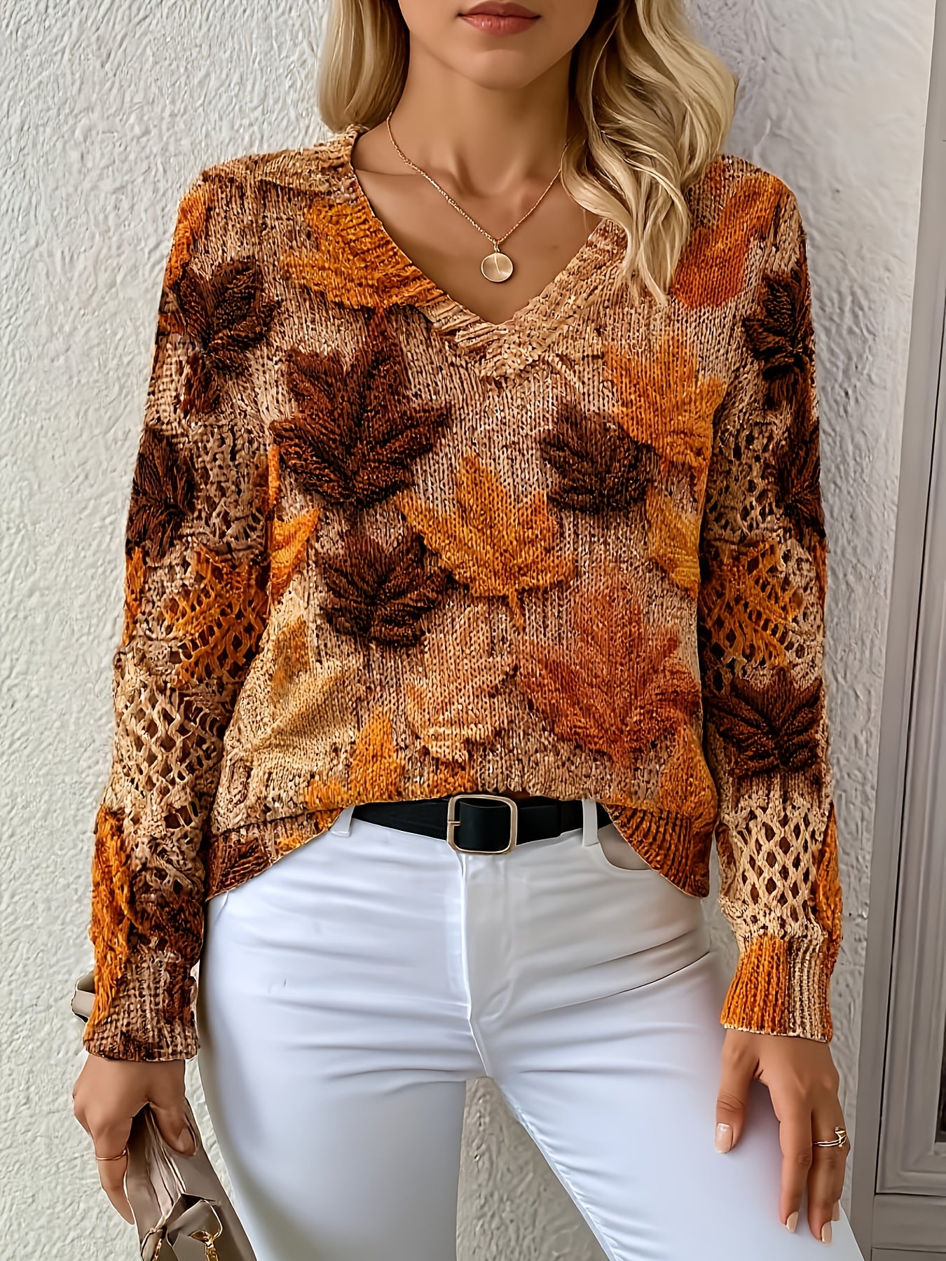 Women'S Elegant Bohemian Sweater - Long Sleeve V-Neck Pullover with Maple Leaf Print in Brown/Orange/Red/Black/Beige/, All-Season Chic Sweater for Office, Casual, Home - Machine Washable Women'S Sweater, Versatile Top, Stylish Knitwear, Comfortable Material, Printed Top, Fashion Lovers, Blouse For Women, Sweater For Women Plu Size/, Plu Size Too, Plu Size Women Winter Top, Nice Sweater For Women, Fall Clothe For Women, Cardigan For Women, Fall Sweater Women