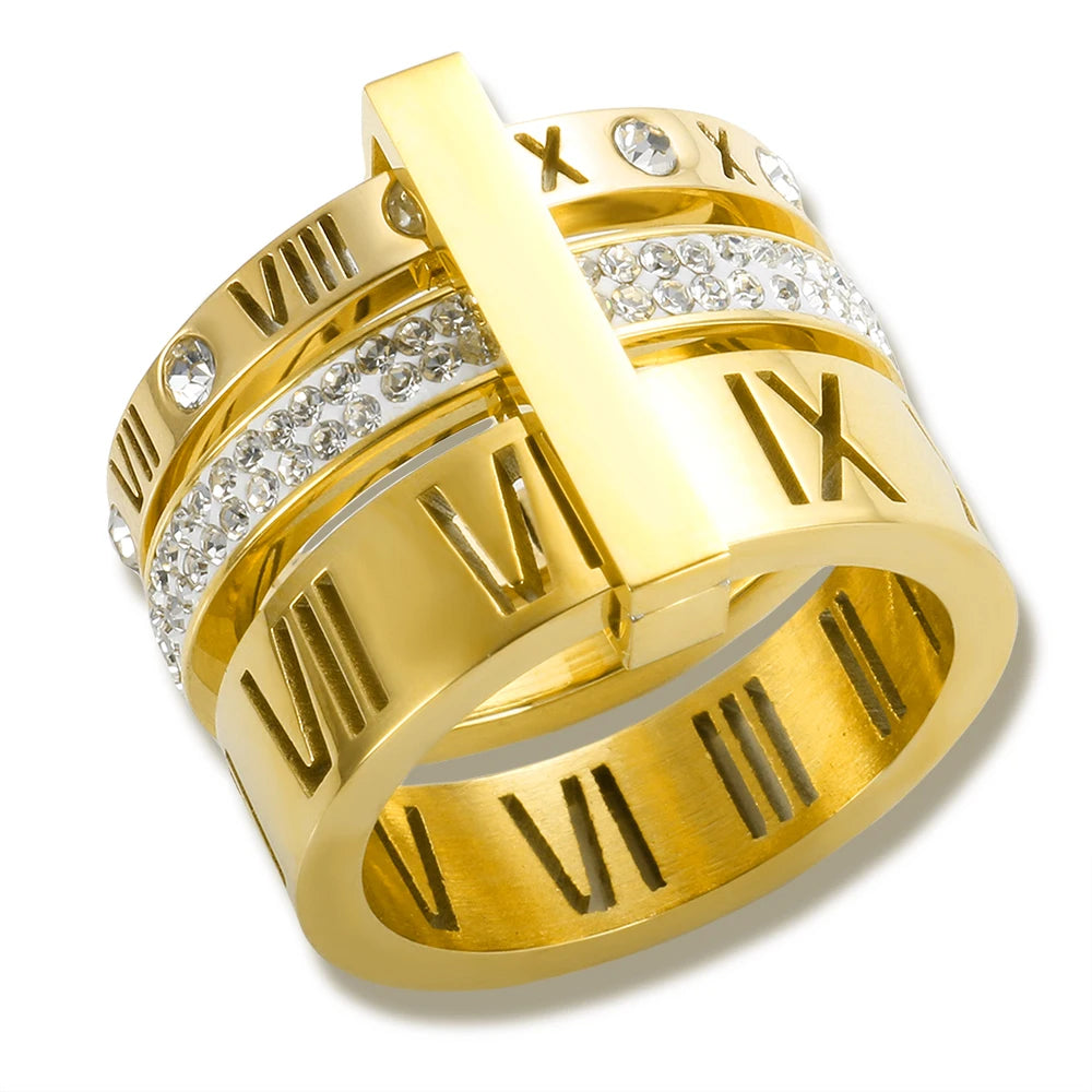 Three Layers Roman Numerals Ring for Women Luxury Stainless Steel Rotatable Crystal Finger Rings Female Wedding Trendy Jewelry