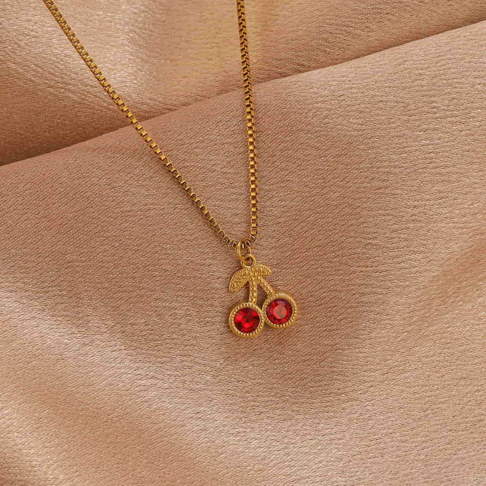 Stainless Steel Cherry Gold Color Pendant Necklace For Women Personality Fashion Necklace Wedding Jewelry Birthday Gifts