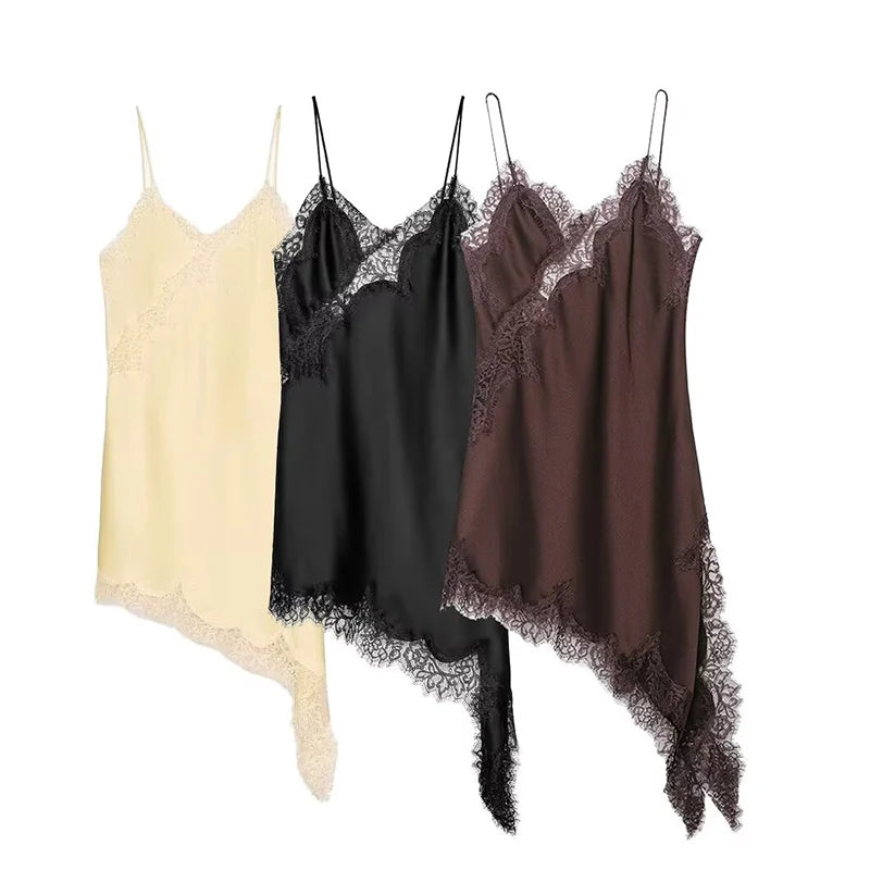 Satin Sexy Lace Spliced Short Sling Dress Women Sleeveless Backless Asymmetric Sexy Party Dresses 2025 Summer Lady Dress 