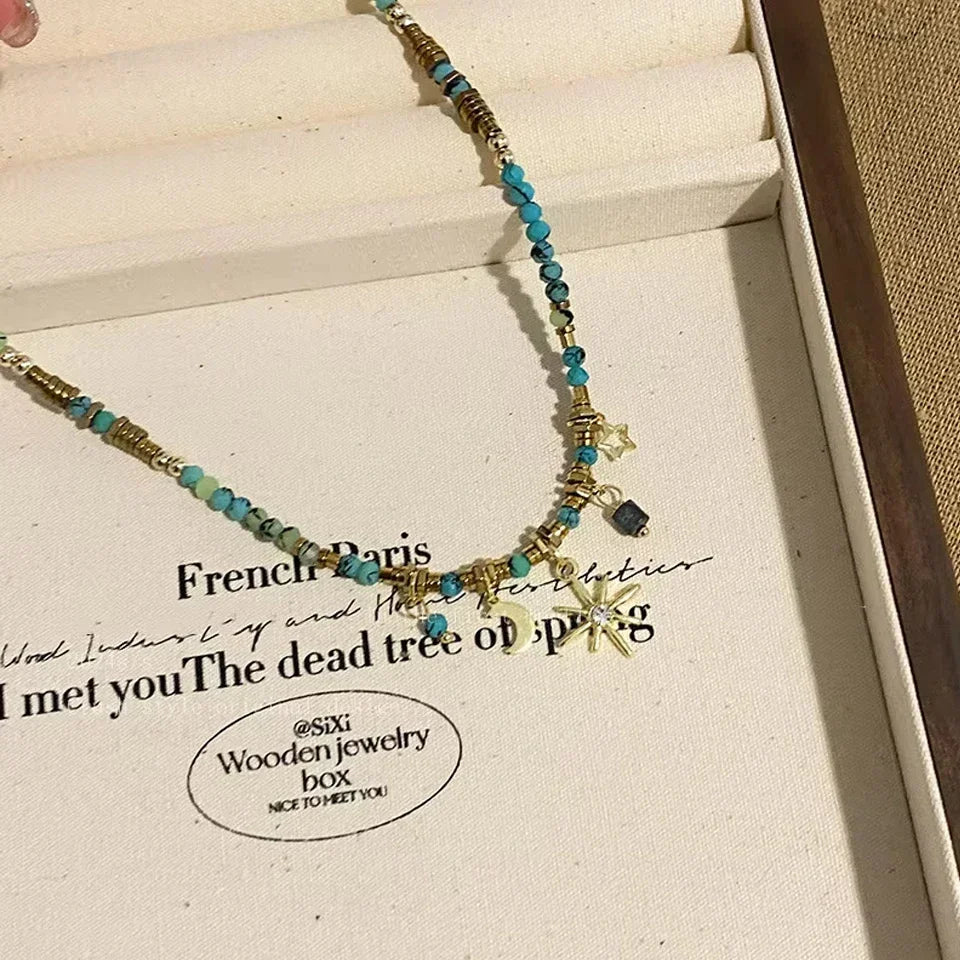 Vintage Bohemian Style Stone Beads Necklace for Women Charm Mang Star Pendant Stacked Clavicle Chain Fashion Jewelry Gifts