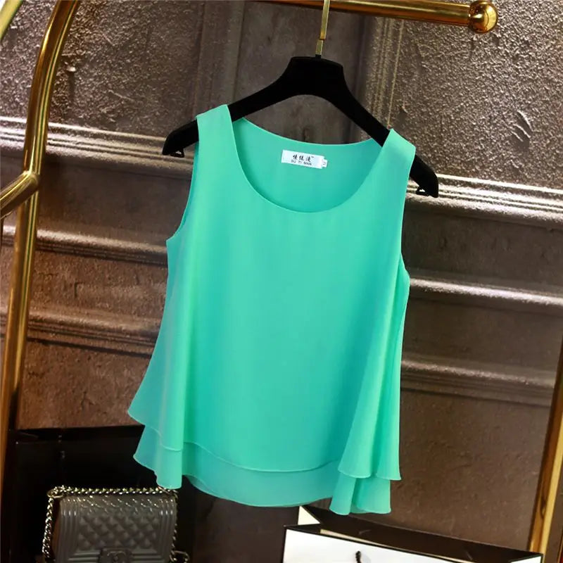 2024 Fashion Summer Chiffon Blouses Women Solid Loose blouse Sleeveless O-Neck Tops 13 Colors Blouse Shirts Tops blusa feminina