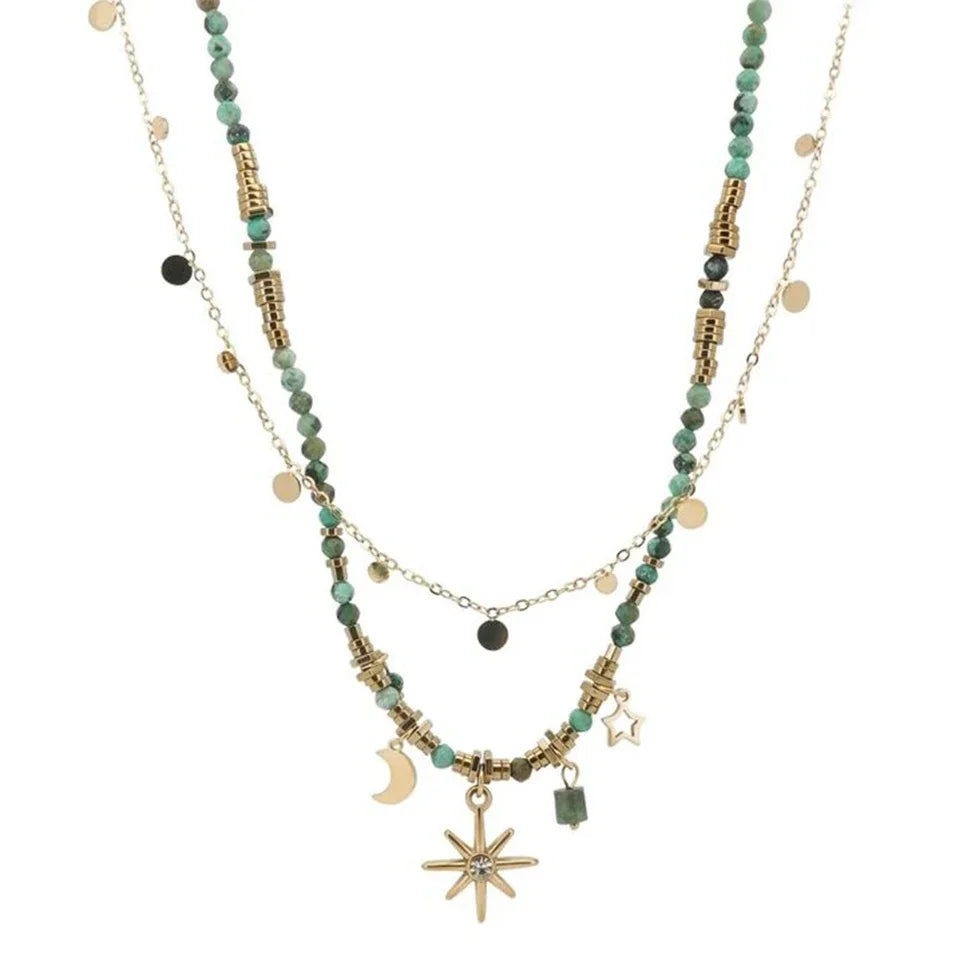Vintage Bohemian Style Stone Beads Necklace for Women Charm Mang Star Pendant Stacked Clavicle Chain Fashion Jewelry Gifts