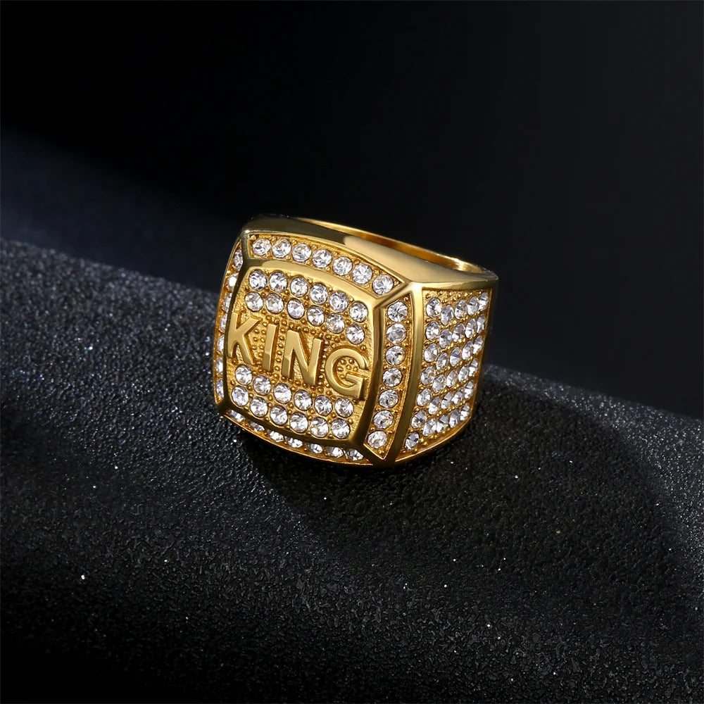 Hip Hop Iced Out Bling Big Letter King Ring Male Gold Color Stainless Steel Square Rings For Men Fashion Party Jewelry Gift