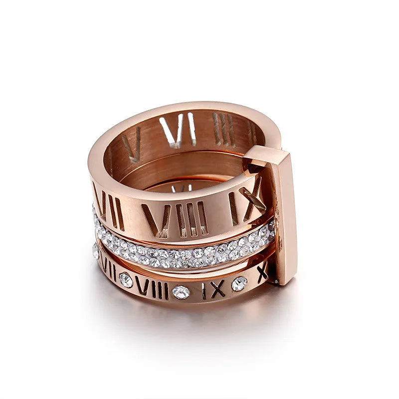 Three Layers Roman Numerals Ring for Women Luxury Stainless Steel Rotatable Crystal Finger Rings Female Wedding Trendy Jewelry