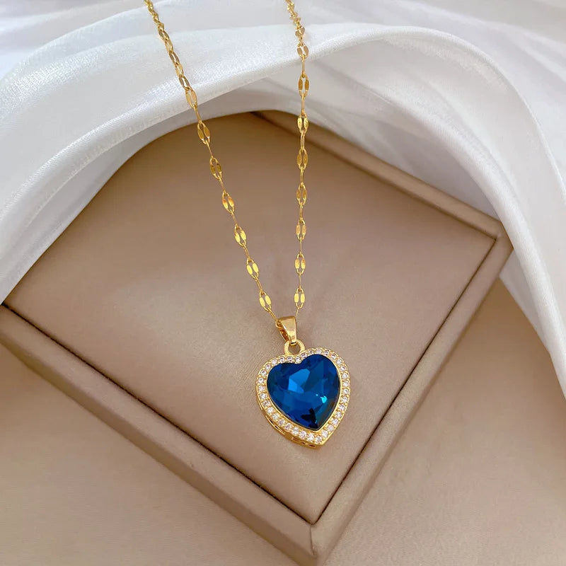 Women's 316L Stainless Steel Heart-Shaped Pendant Necklace with Big Blue Zircon Fashion Clavicle Chain Jewelry Gift for Girls
