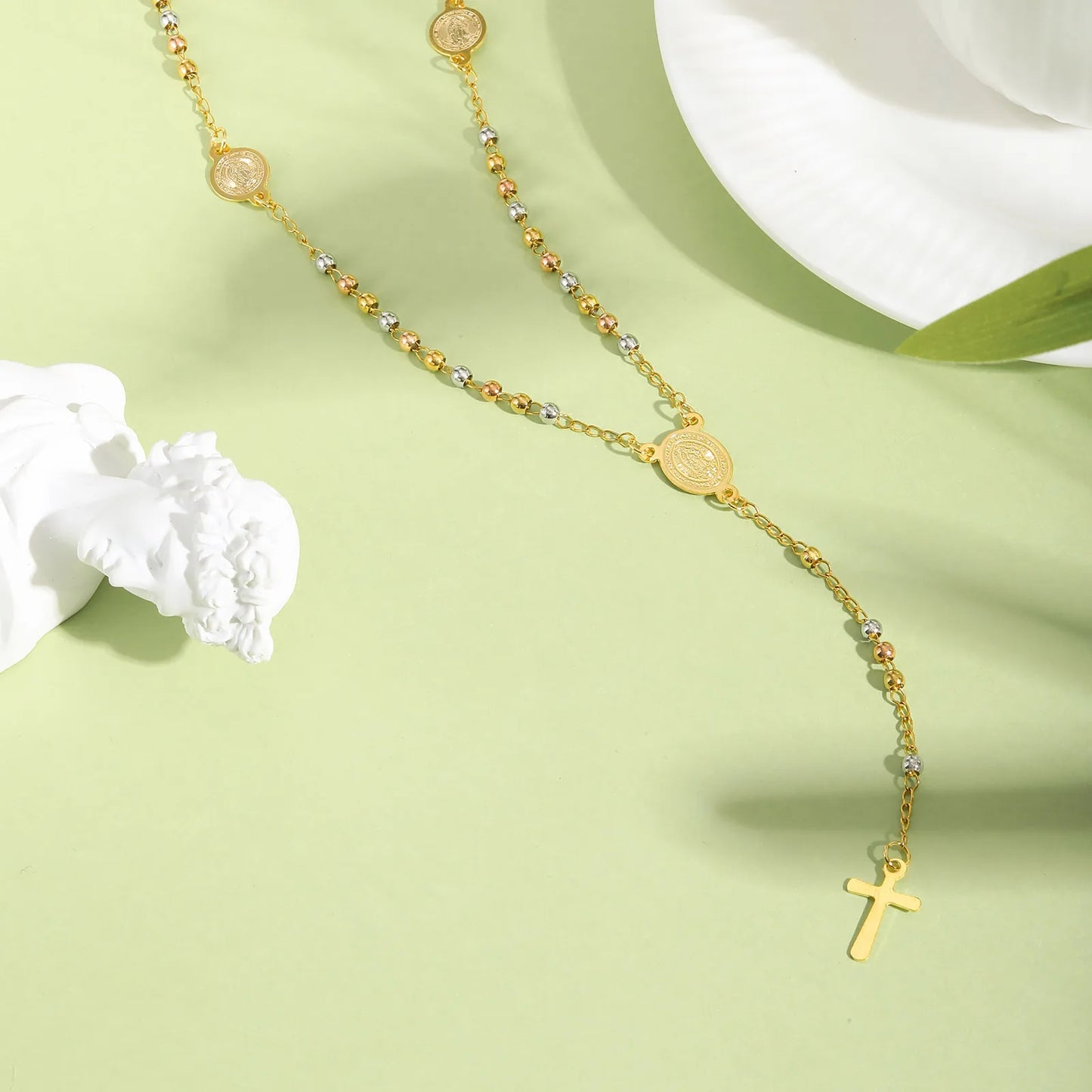 Stainless Steel Virgin Vrand Three-color Beaded Y-Shaped Necklaces for women,The Holy Spirit Cross Pendant Necklace,Jewelry Gift