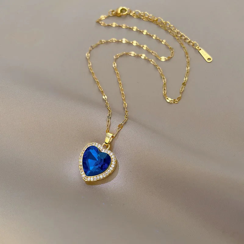 Women's 316L Stainless Steel Heart-Shaped Pendant Necklace with Big Blue Zircon Fashion Clavicle Chain Jewelry Gift for Girls