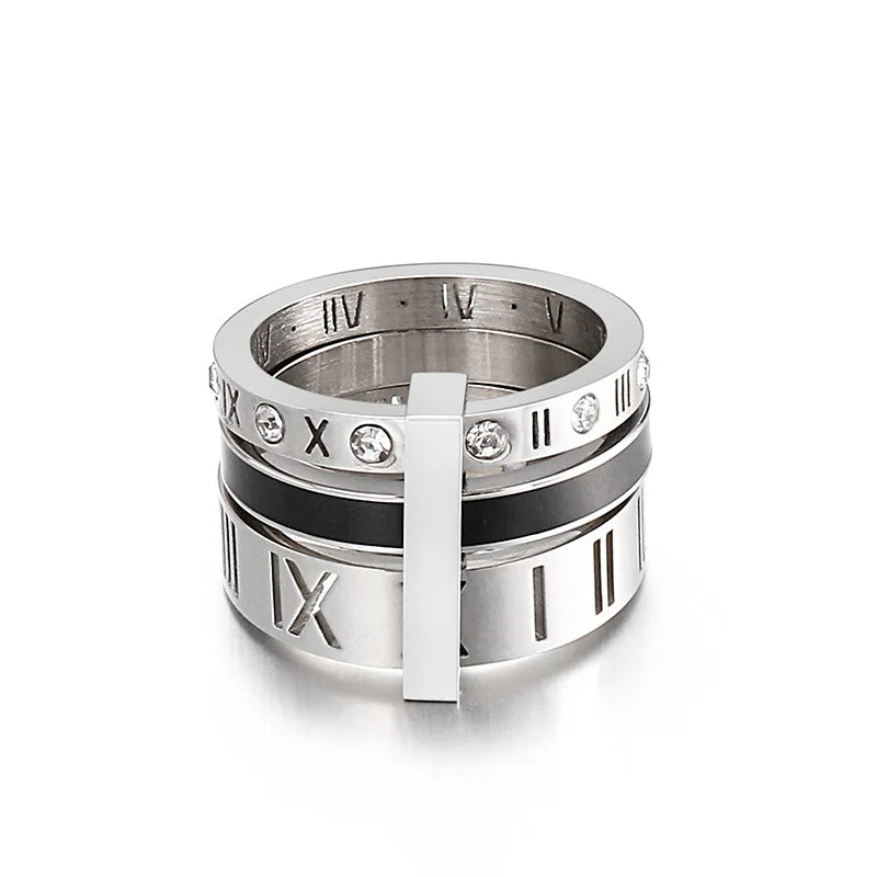 Three Layers Roman Numerals Ring for Women Luxury Stainless Steel Rotatable Crystal Finger Rings Female Wedding Trendy Jewelry