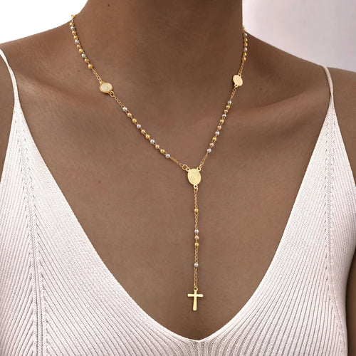 Stainless Steel Virgin Vrand Three-color Beaded Y-Shaped Necklaces for women,The Holy Spirit Cross Pendant Necklace,Jewelry Gift