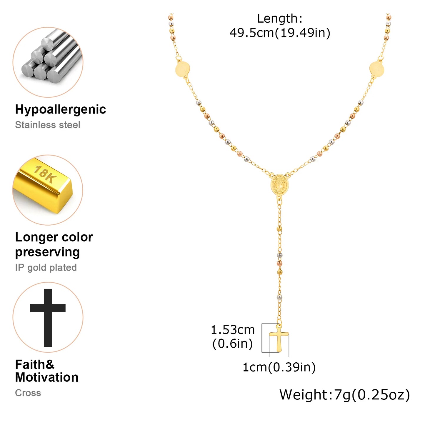 Stainless Steel Virgin Vrand Three-color Beaded Y-Shaped Necklaces for women,The Holy Spirit Cross Pendant Necklace,Jewelry Gift