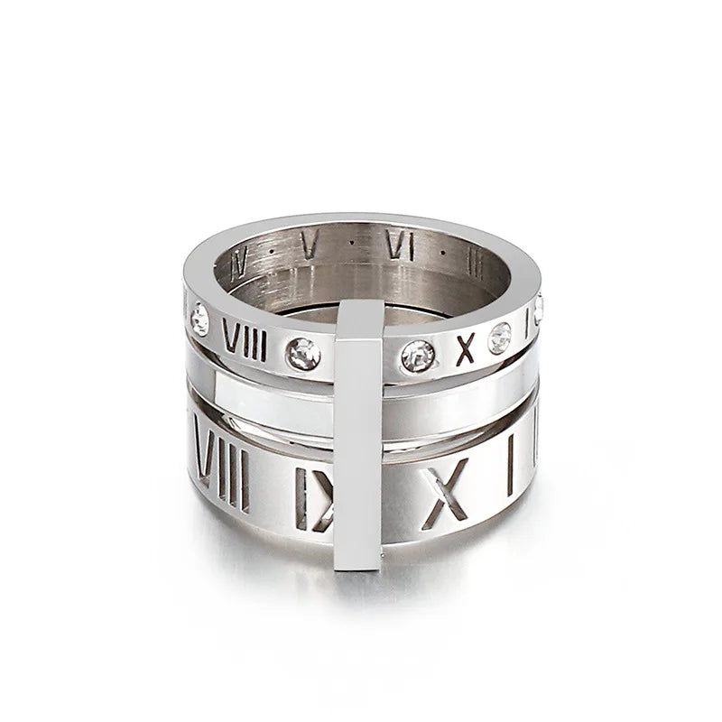 Three Layers Roman Numerals Ring for Women Luxury Stainless Steel Rotatable Crystal Finger Rings Female Wedding Trendy Jewelry