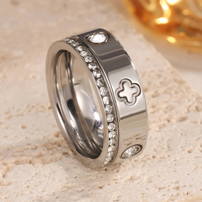 French Clover High Quality Stainless Steel Shiny Zircon Rings Set For Women 18K-Gold-plated Waterproof Not Fading Rings NEW