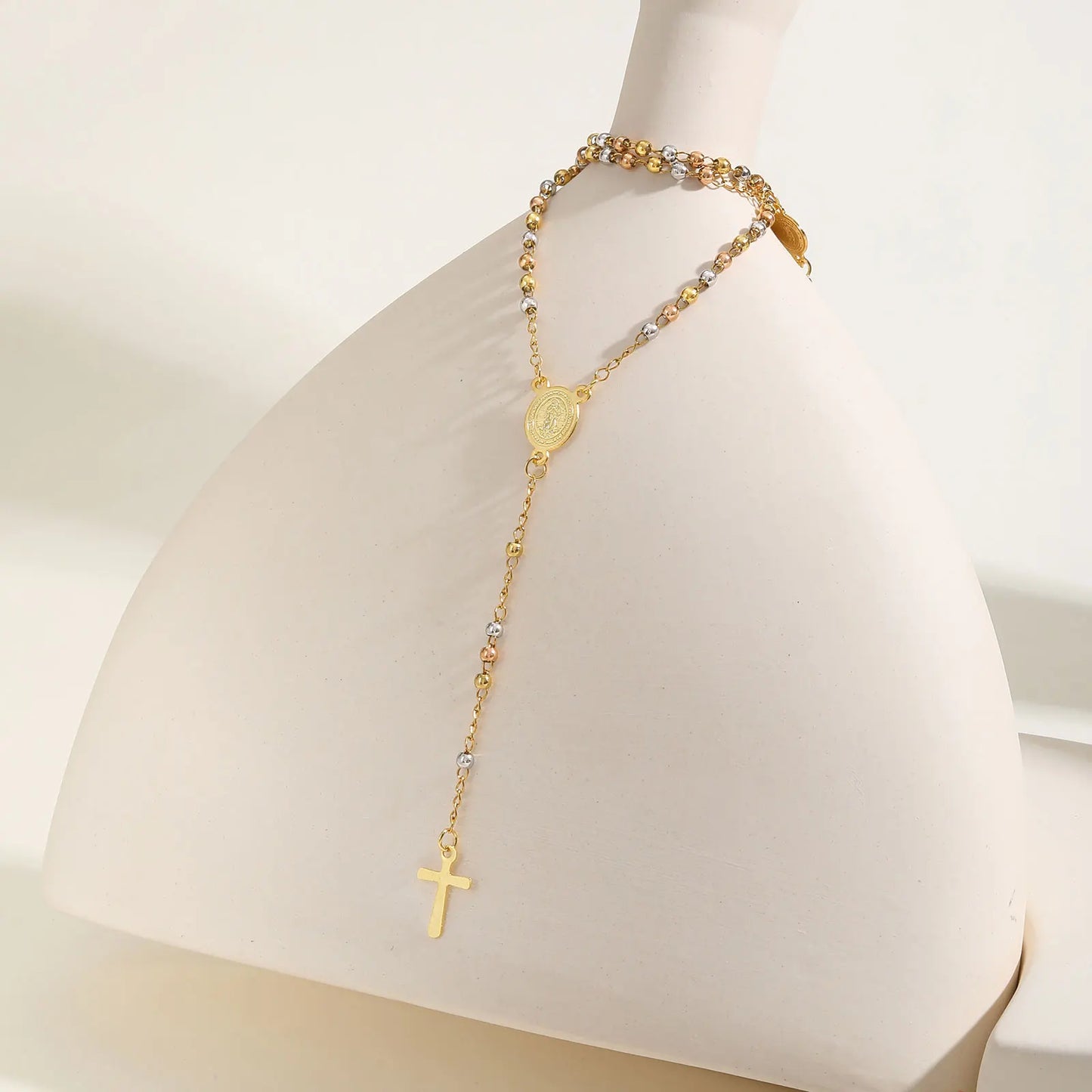 Stainless Steel Virgin Vrand Three-color Beaded Y-Shaped Necklaces for women,The Holy Spirit Cross Pendant Necklace,Jewelry Gift