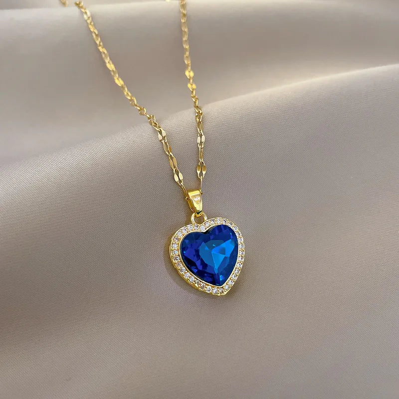 Women's 316L Stainless Steel Heart-Shaped Pendant Necklace with Big Blue Zircon Fashion Clavicle Chain Jewelry Gift for Girls