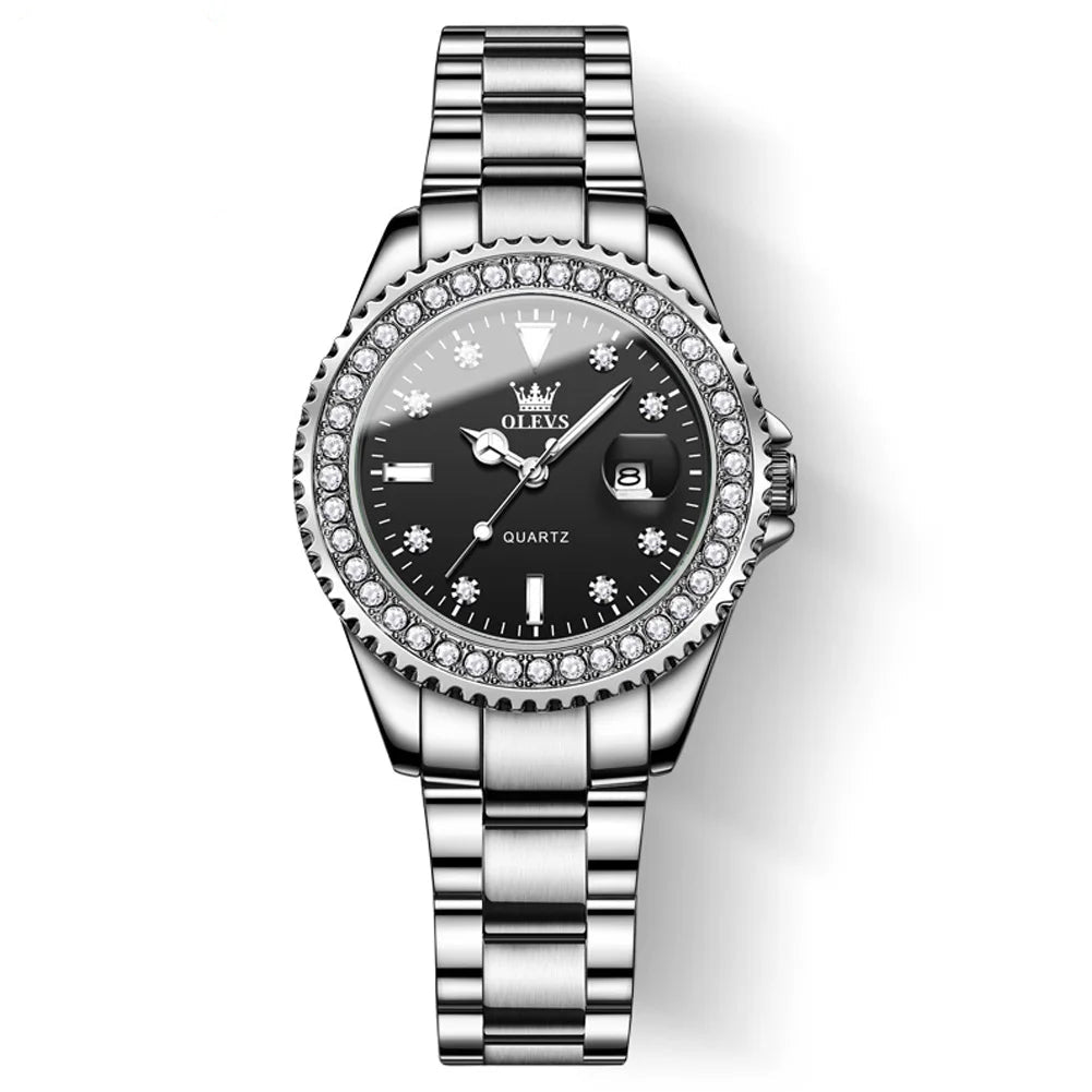 OLEVS 9945 Top Brand Original Quartz Watch for Women Luxury Diamond Lap Calendar Hand Clock Stainless Steel Ladies Wristwatches