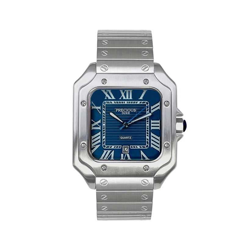 British Brand Top Luxury Men's Square Quartz Watch Stainless Steel Alloy Watch Roman Numeral Calendar Watch