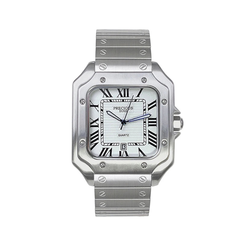 British Brand Top Luxury Men's Square Quartz Watch Stainless Steel Alloy Watch Roman Numeral Calendar Watch