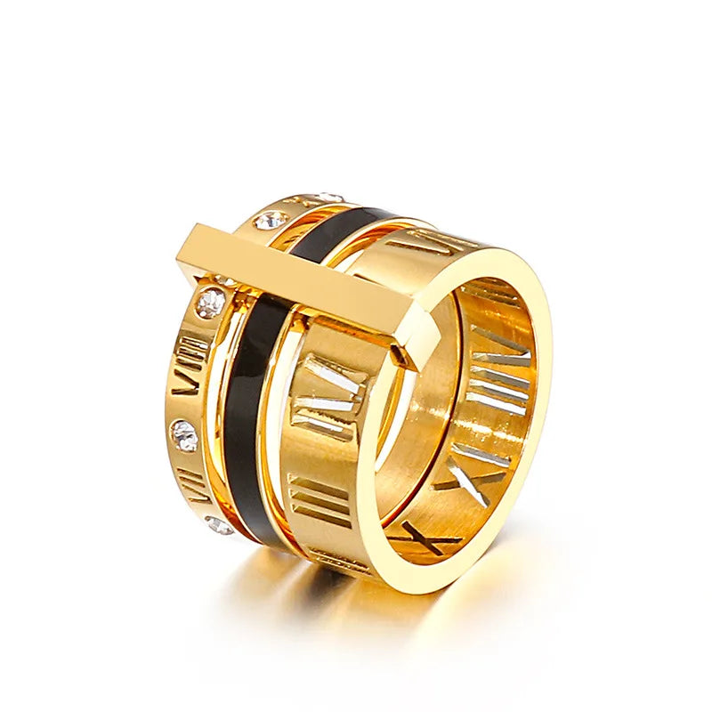 Three Layers Roman Numerals Ring for Women Luxury Stainless Steel Rotatable Crystal Finger Rings Female Wedding Trendy Jewelry