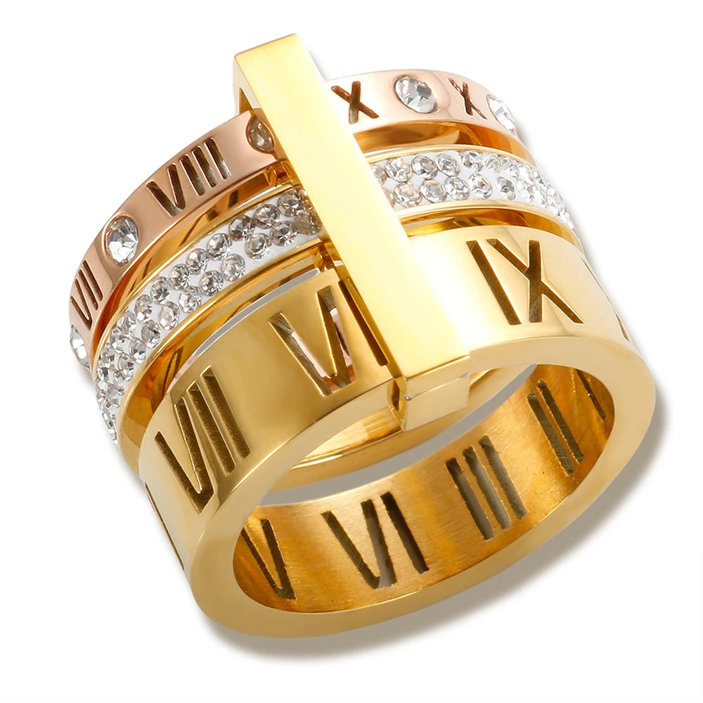 Three Layers Roman Numerals Ring for Women Luxury Stainless Steel Rotatable Crystal Finger Rings Female Wedding Trendy Jewelry
