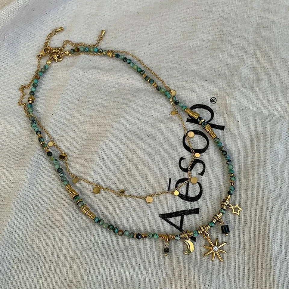 Vintage Bohemian Style Stone Beads Necklace for Women Charm Mang Star Pendant Stacked Clavicle Chain Fashion Jewelry Gifts