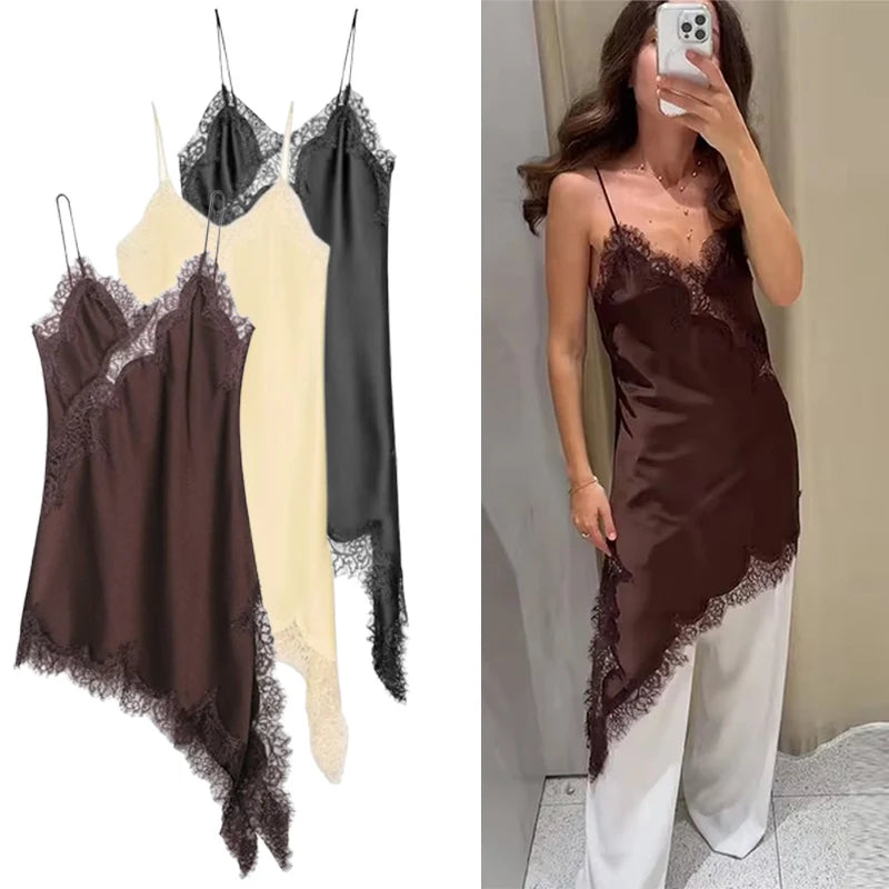 Satin Sexy Lace Spliced Short Sling Dress Women Sleeveless Backless Asymmetric Sexy Party Dresses 2025 Summer Lady Dress 
