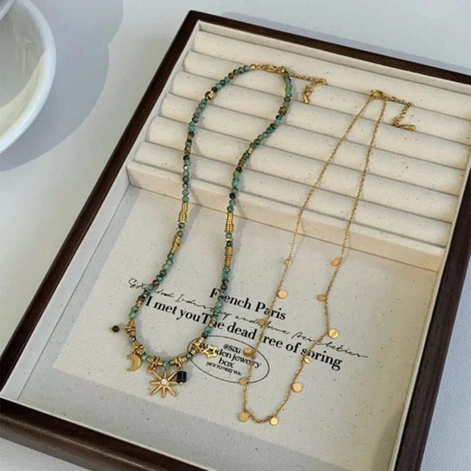 Vintage Bohemian Style Stone Beads Necklace for Women Charm Mang Star Pendant Stacked Clavicle Chain Fashion Jewelry Gifts