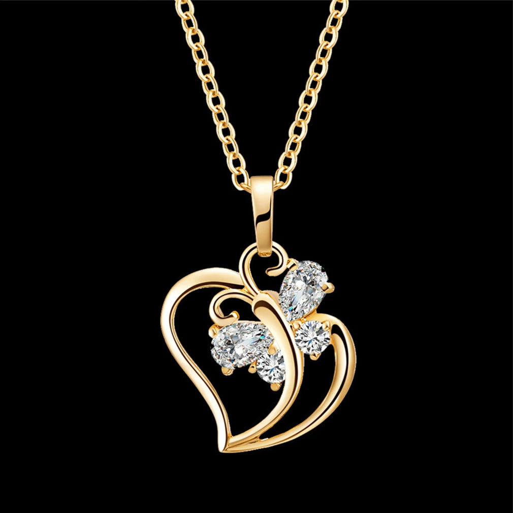 Punk Cute Small CZ Butterfly Heart Charm Pendant 45cm Female Gold Color Clavicle Necklace Chain For Women Fashion Jewelry Gift