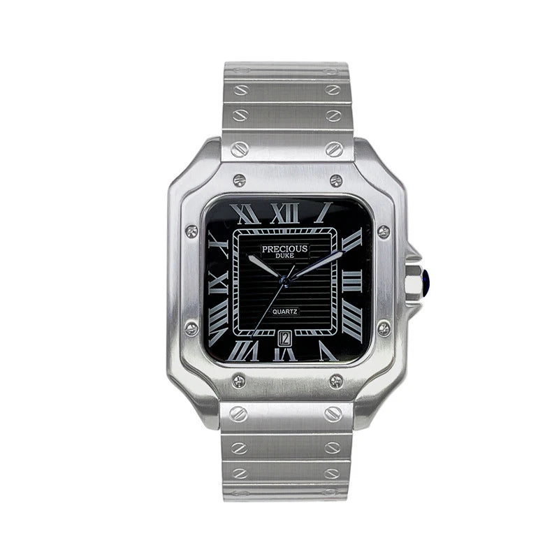 British Brand Top Luxury Men's Square Quartz Watch Stainless Steel Alloy Watch Roman Numeral Calendar Watch