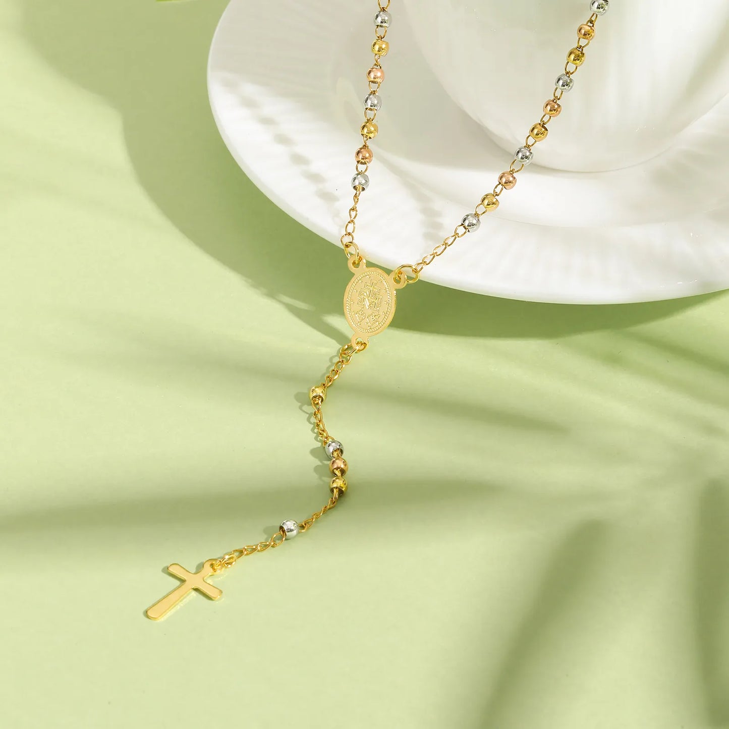 Stainless Steel Virgin Vrand Three-color Beaded Y-Shaped Necklaces for women,The Holy Spirit Cross Pendant Necklace,Jewelry Gift