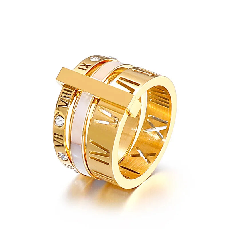 Three Layers Roman Numerals Ring for Women Luxury Stainless Steel Rotatable Crystal Finger Rings Female Wedding Trendy Jewelry