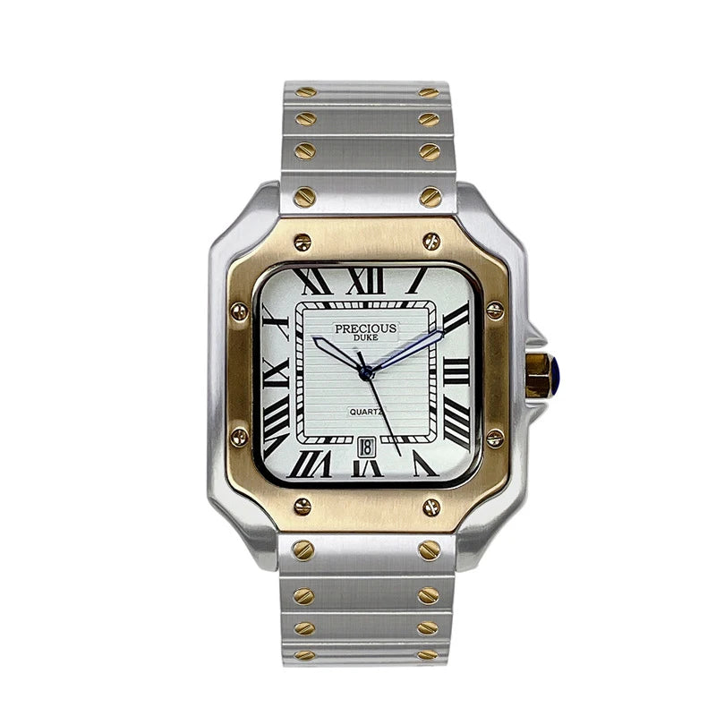 British Brand Top Luxury Men's Square Quartz Watch Stainless Steel Alloy Watch Roman Numeral Calendar Watch