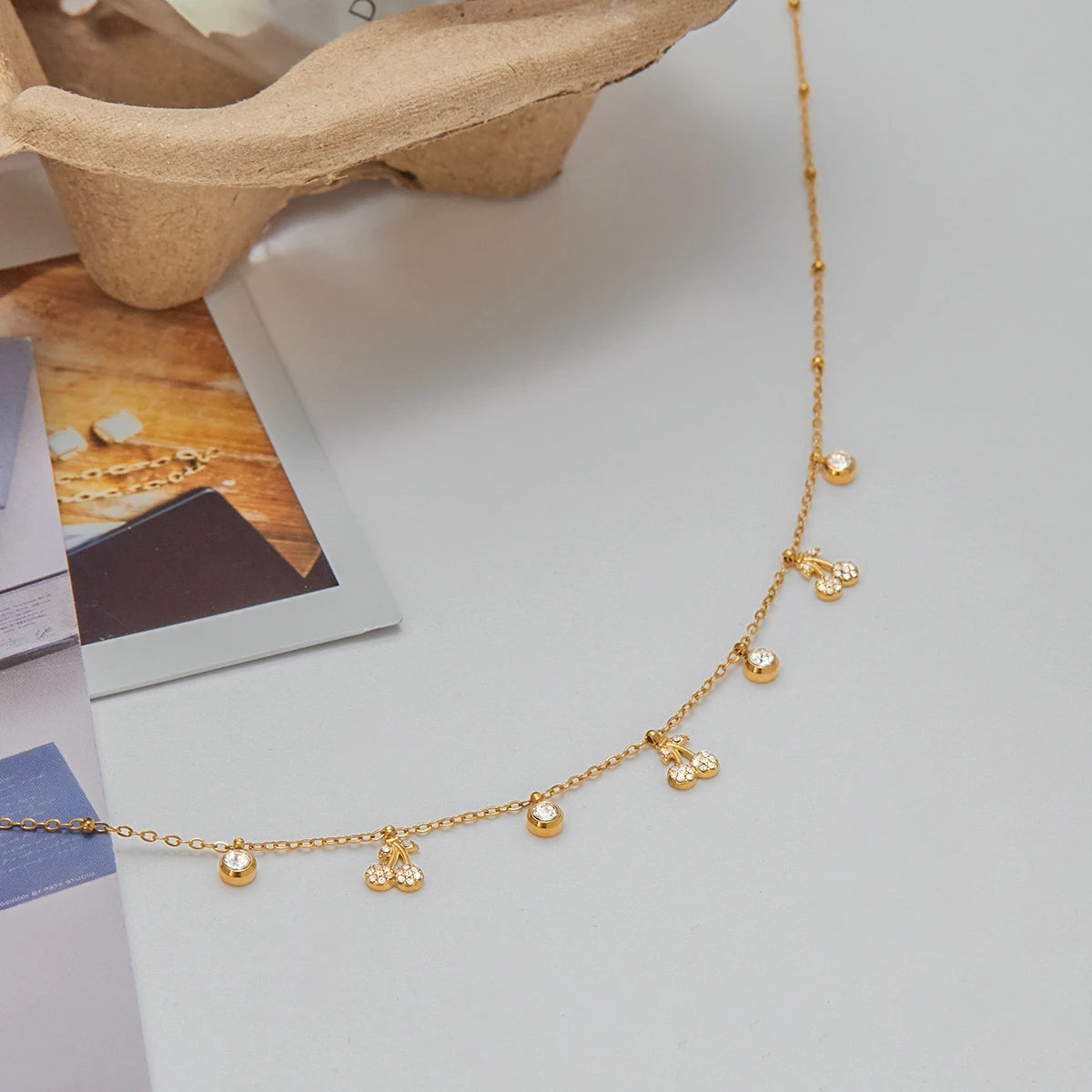 Youthway White Rhinestones Cherry Pendant Necklace For Gift 18K Gold Plated Stainless Steel Elegant Luxury Charm Pendant Jewelry