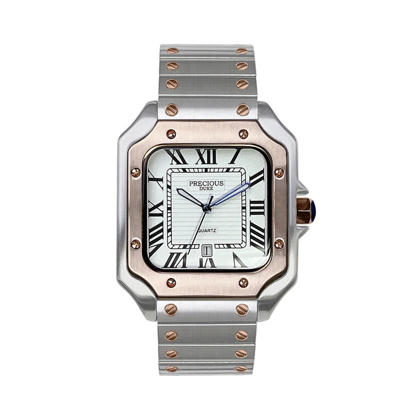 British Brand Top Luxury Men's Square Quartz Watch Stainless Steel Alloy Watch Roman Numeral Calendar Watch