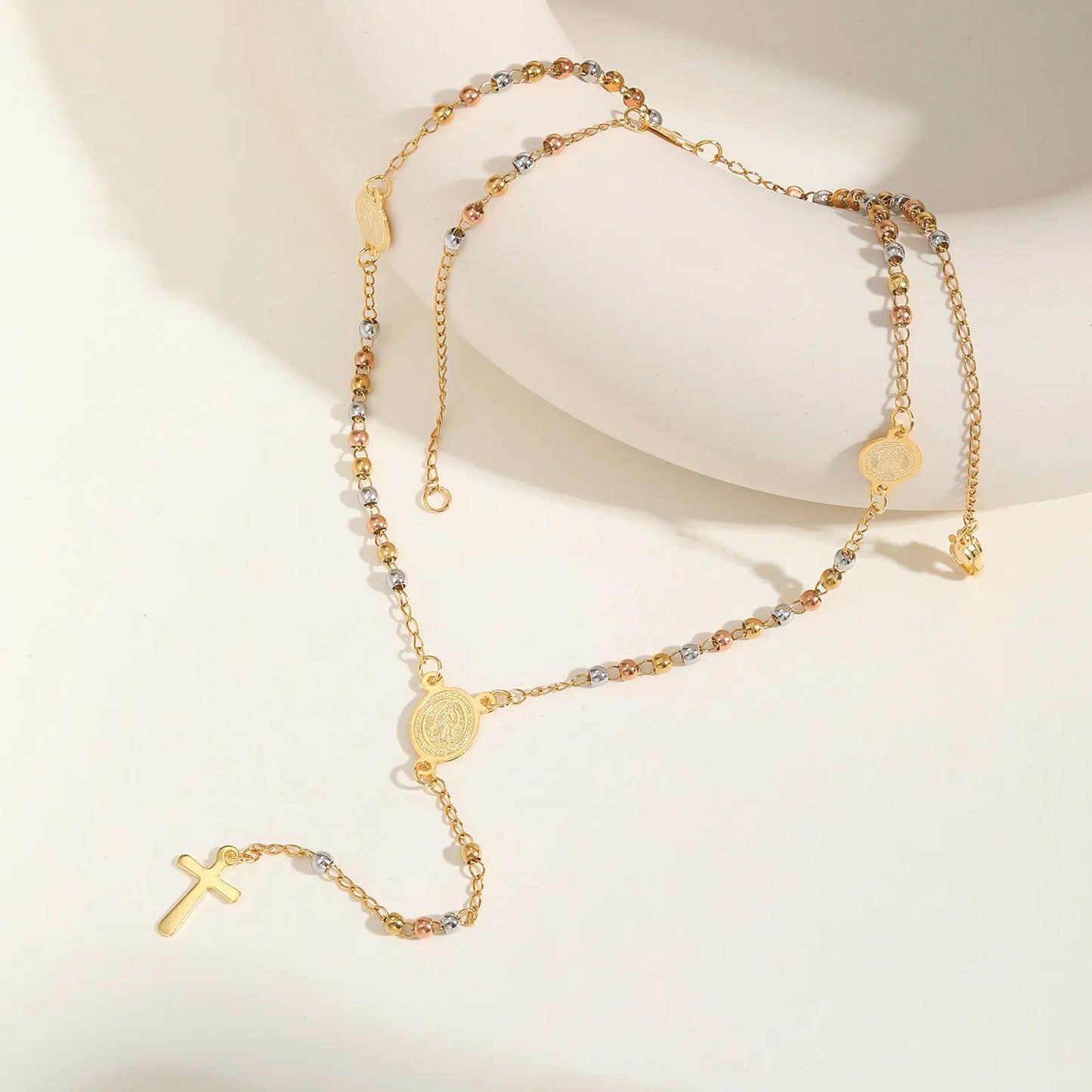 Stainless Steel Virgin Vrand Three-color Beaded Y-Shaped Necklaces for women,The Holy Spirit Cross Pendant Necklace,Jewelry Gift