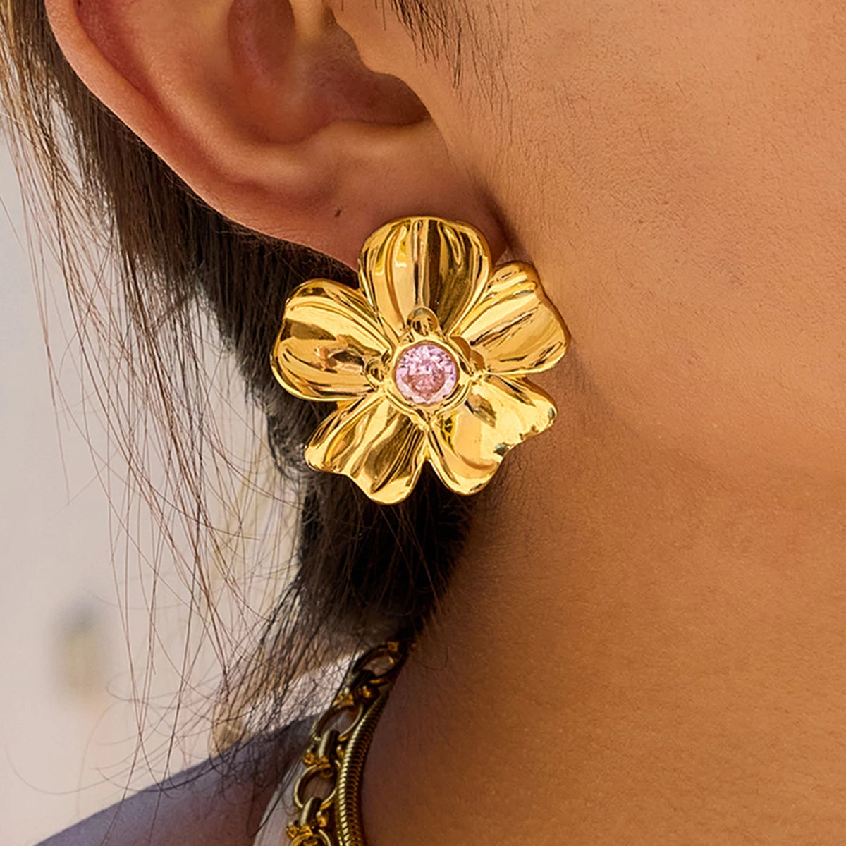 Zora Romantic Minimalist Pink Rhinestone Flower Pendant Necklace Earring 18K Gold Plated Stainless Steel Waterproof Girl Jewelry