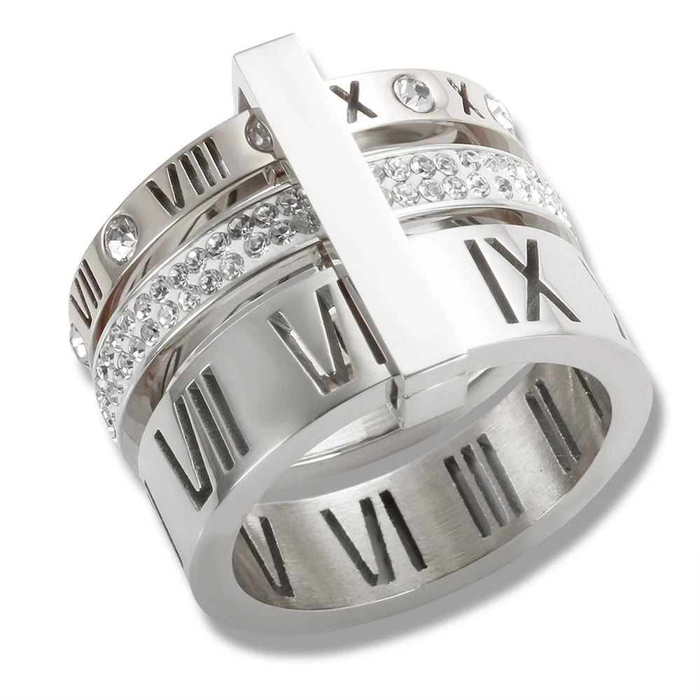 Three Layers Roman Numerals Ring for Women Luxury Stainless Steel Rotatable Crystal Finger Rings Female Wedding Trendy Jewelry