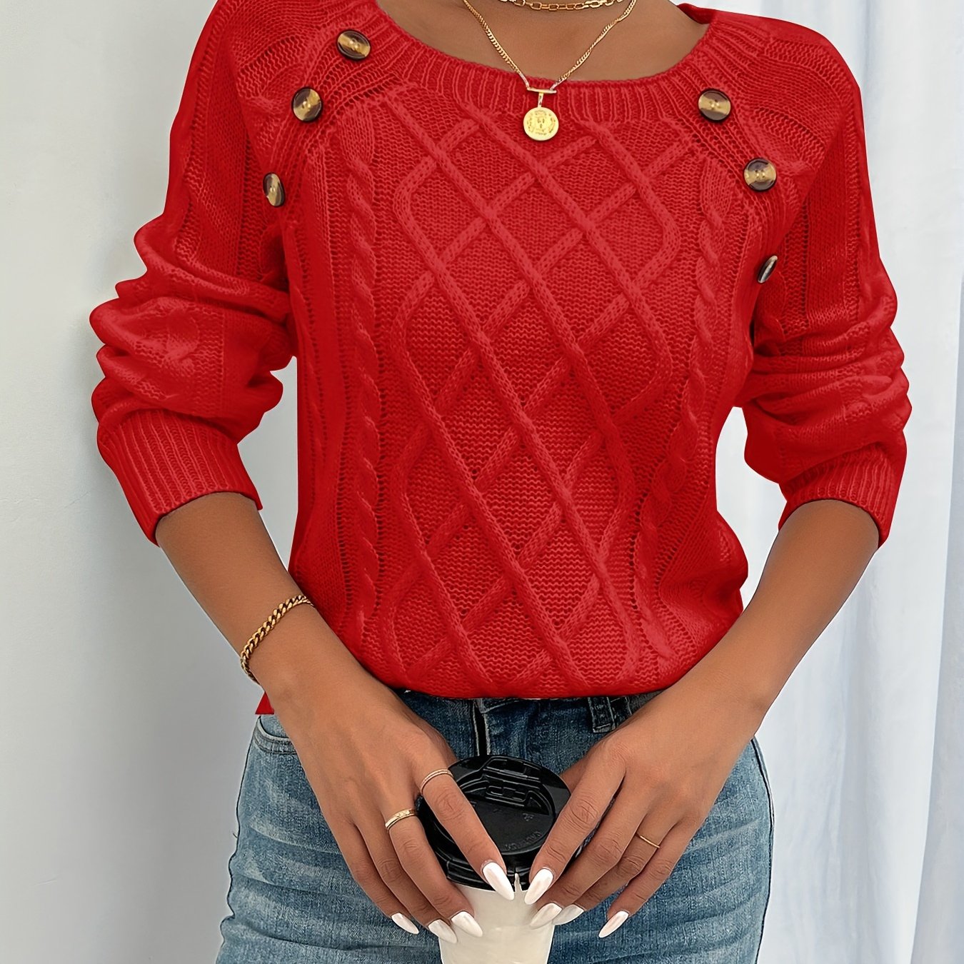 Elegant Square Neck Cable Knit Sweater with Lantern Sleeves