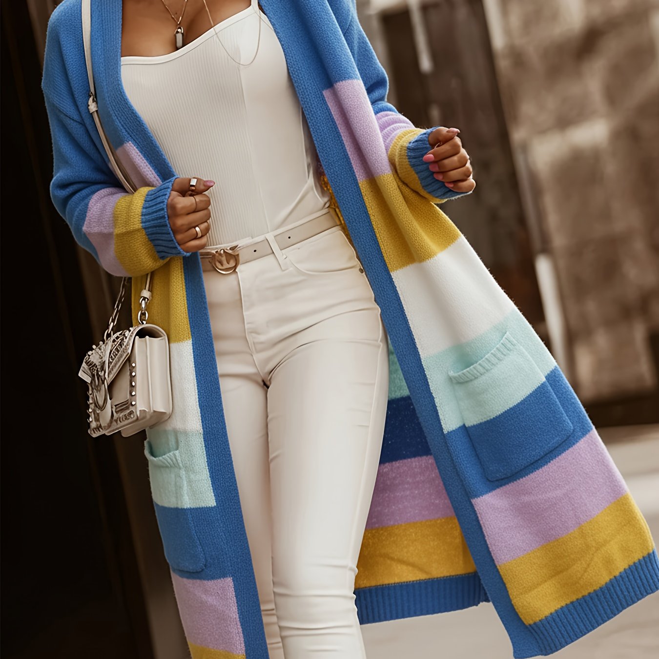 Chic Color Block V-Neck Cardigan with Pockets