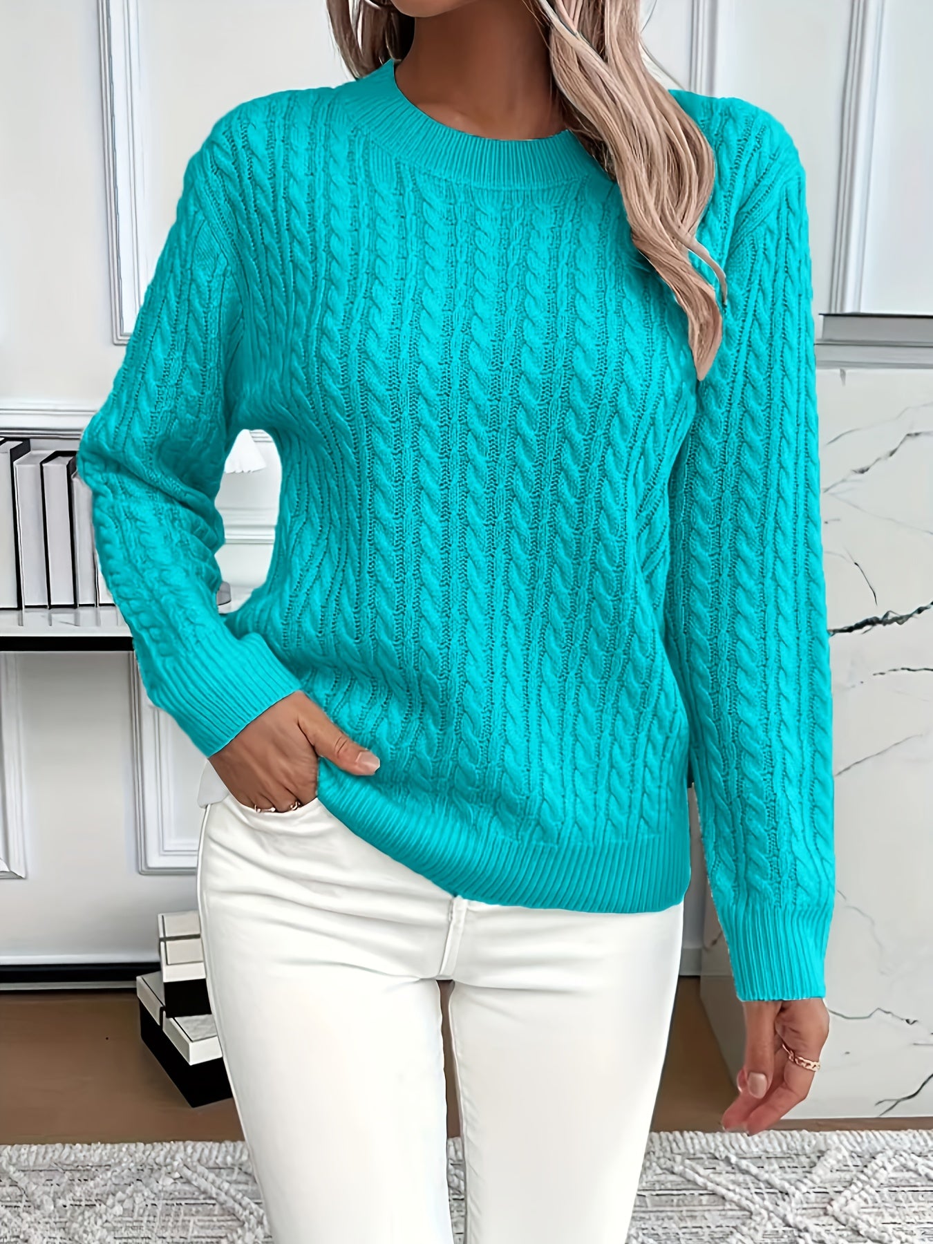 Women's Casual Loose-Fit Round Neck Long Sleeve Sweater - Medium Stretch Solid Color with Ribbed Detailing, H-Line Silhouette for Spring/Autumn Layering, Elegant Collection, Cute Sweater, Casual Attire, Comfortable Fit, Pullover Top, Stylish Women