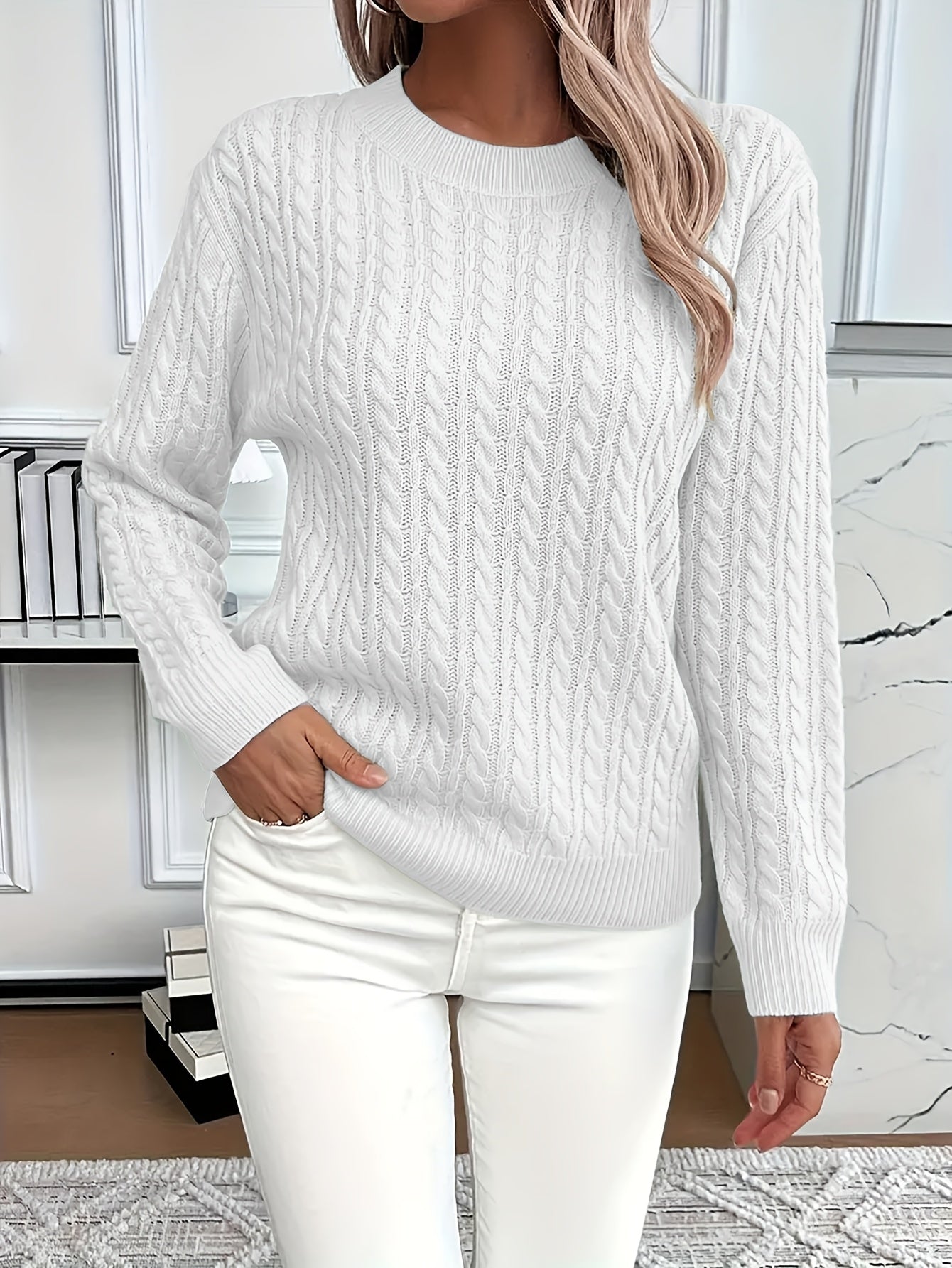 Women's Casual Loose-Fit Round Neck Long Sleeve Sweater - Medium Stretch Solid Color with Ribbed Detailing, H-Line Silhouette for Spring/Autumn Layering, Elegant Collection, Cute Sweater, Casual Attire, Comfortable Fit, Pullover Top, Stylish Women
