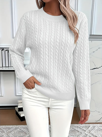 Women's Casual Loose-Fit Round Neck Long Sleeve Sweater - Medium Stretch Solid Color with Ribbed Detailing, H-Line Silhouette for Spring/Autumn Layering, Elegant Collection, Cute Sweater, Casual Attire, Comfortable Fit, Pullover Top, Stylish Women