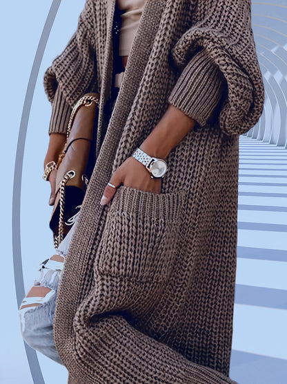 Women's Autumn-Winter Elegant Mid-Length Knee-Length Loose Fit Pocket Sweater Cardigan with Long Sleeves