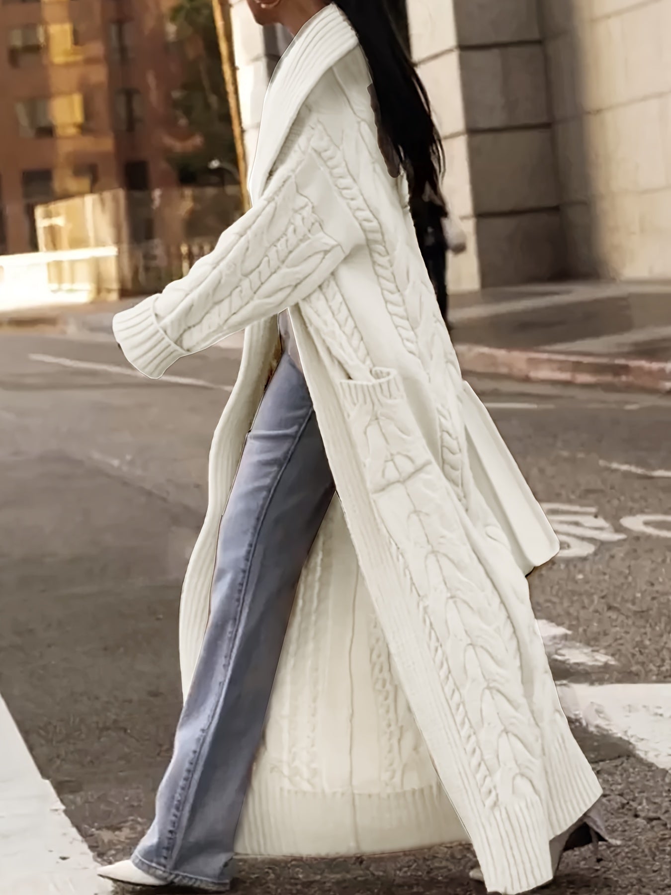 Directional Development of a Long Cardigan Sweater with a Large Collar And Chunky Cable for Spring, Autumn, And Winter.