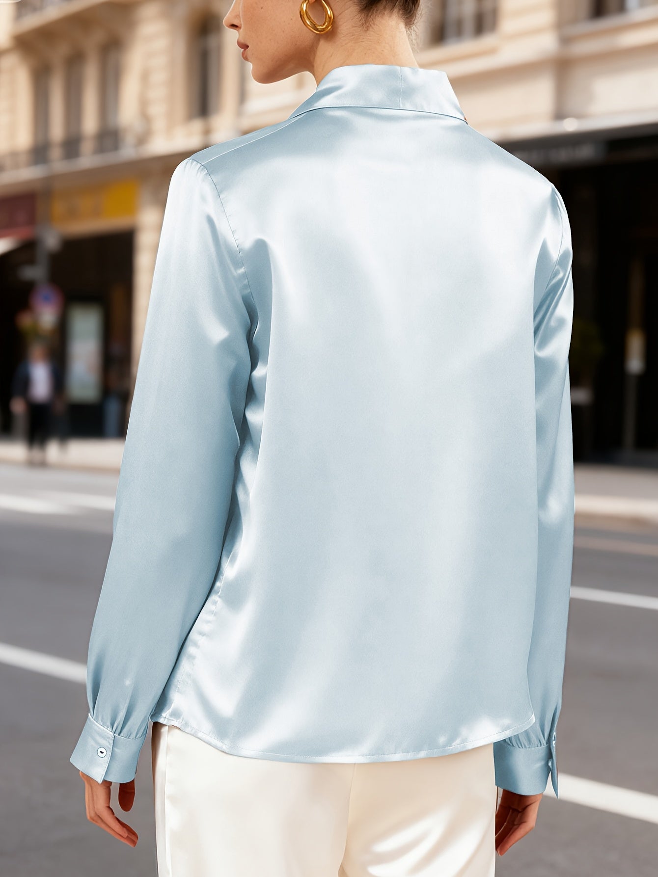 Women'S Elegant Solid Color Long Sleeve Blouse - Soft Wrinkle-Resistant Fabric, Button-Front Closure, Round Neck & Collar, All-Season Versatile Shirt for Office