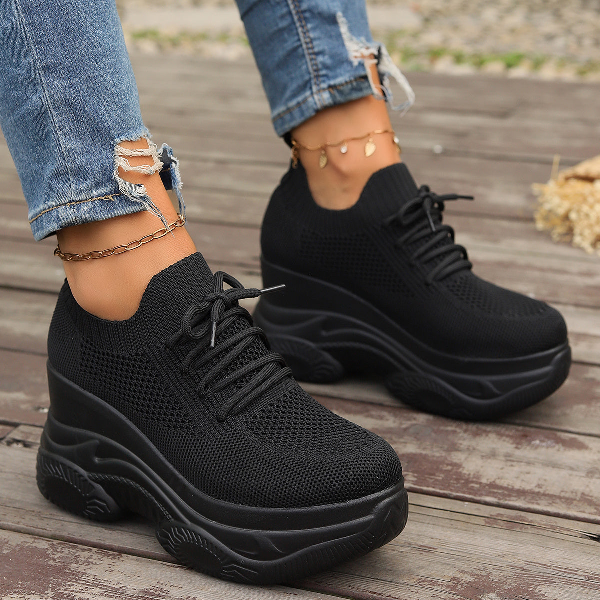 Women'S Fashion Casual Sports Shoes, Wedge Platform Lace-Up Height Increase Breathable Lace-Up Outerwear Sneakers, Rubber Sole, Fabric Upper, All-Season Wear, Casual Style, Positioning Printing, High Top, Plain Toe, Fabric Insole and Inner Material, Fabric Upper Materia