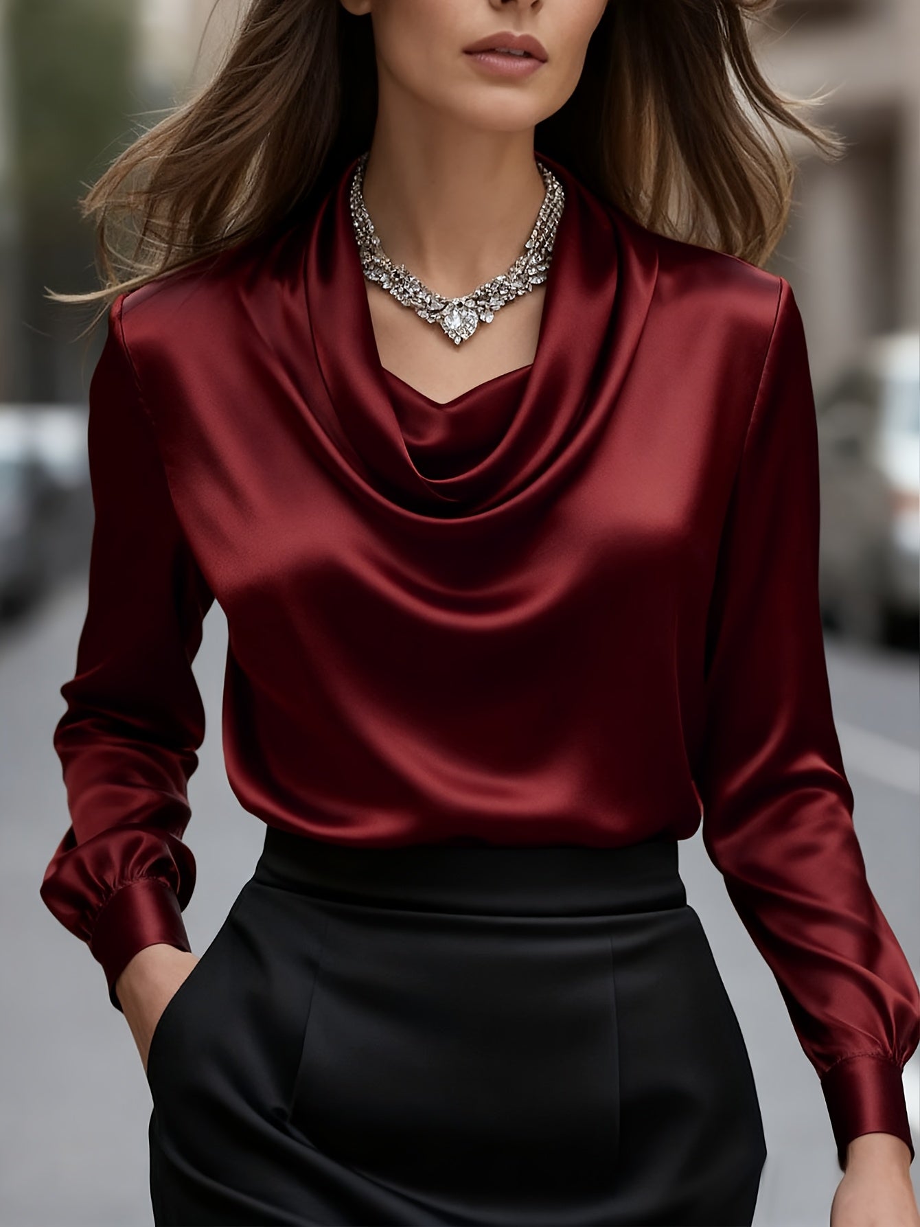 Women'S Elegant Solid Color Long Sleeve Blouse - Soft Wrinkle-Resistant Fabric, Button-Front Closure, Round Neck & Collar, All-Season Versatile Shirt for Office