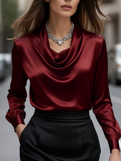 Women'S Elegant Solid Color Long Sleeve Blouse - Soft Wrinkle-Resistant Fabric, Button-Front Closure, Round Neck & Collar, All-Season Versatile Shirt for Office