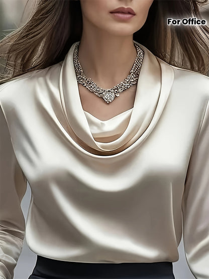 Women'S Elegant Solid Color Long Sleeve Blouse - Soft Wrinkle-Resistant Fabric, Button-Front Closure, Round Neck & Collar, All-Season Versatile Shirt for Office