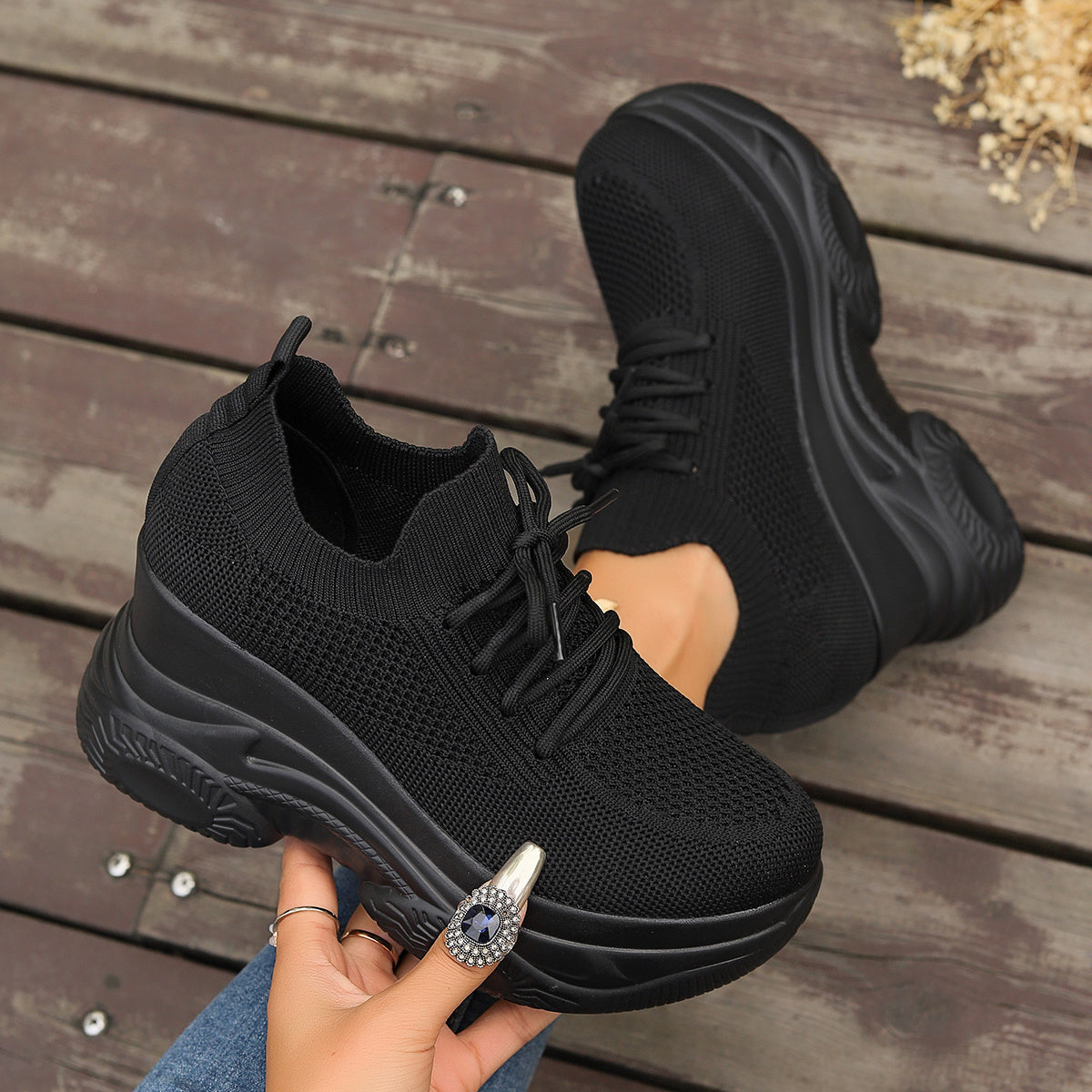 Women'S Fashion Casual Sports Shoes, Wedge Platform Lace-Up Height Increase Breathable Lace-Up Outerwear Sneakers, Rubber Sole, Fabric Upper, All-Season Wear, Casual Style, Positioning Printing, High Top, Plain Toe, Fabric Insole and Inner Material, Fabric Upper Materia